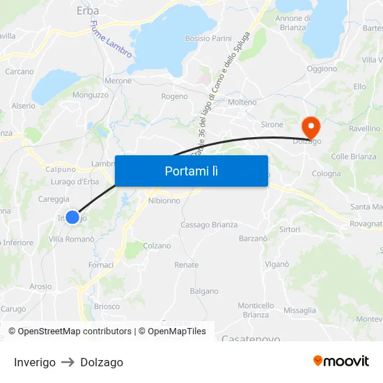 Inverigo to Dolzago map