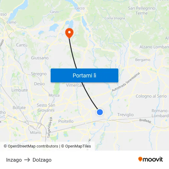 Inzago to Dolzago map