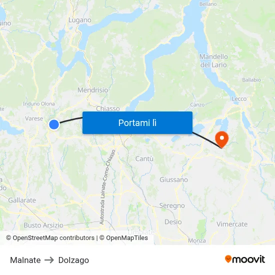 Malnate to Dolzago map