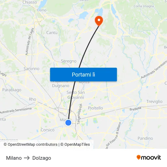 Milano to Dolzago map