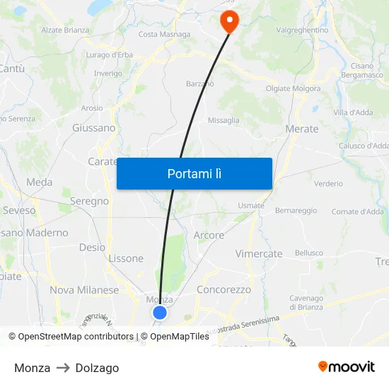 Monza to Dolzago map