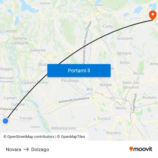 Novara to Dolzago map