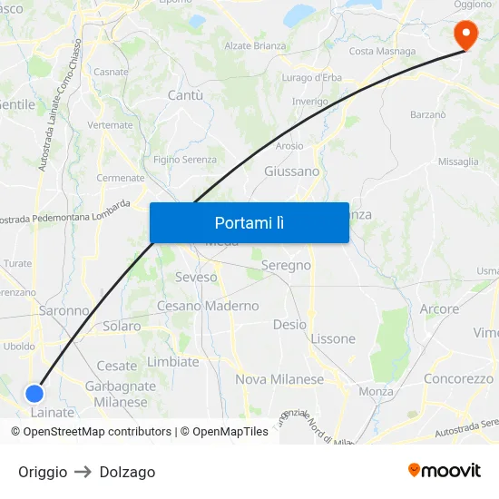 Origgio to Dolzago map