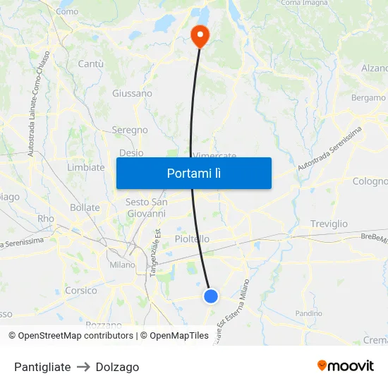 Pantigliate to Dolzago map