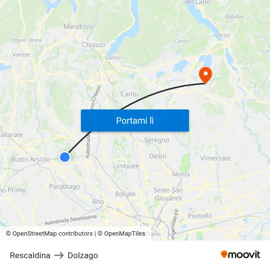 Rescaldina to Dolzago map