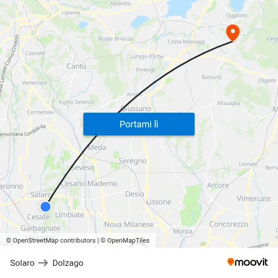 Solaro to Dolzago map
