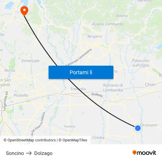 Soncino to Dolzago map