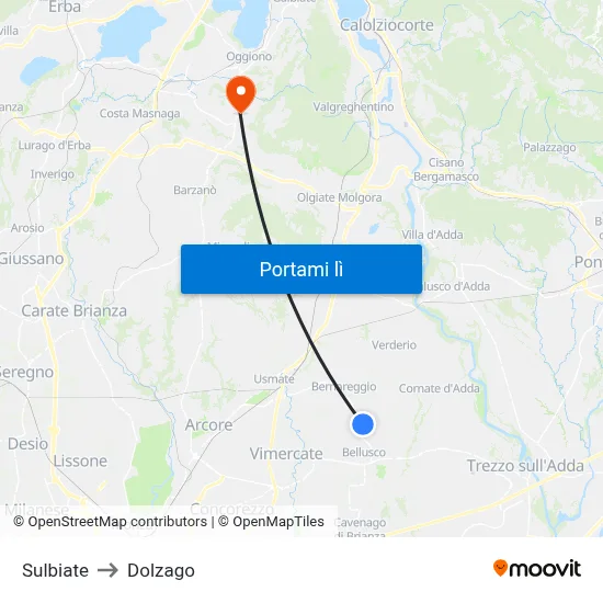 Sulbiate to Dolzago map