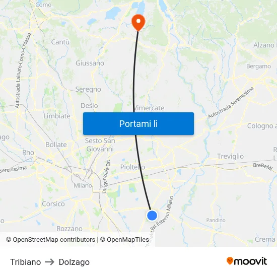 Tribiano to Dolzago map