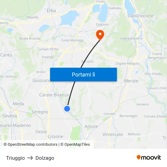 Triuggio to Dolzago map