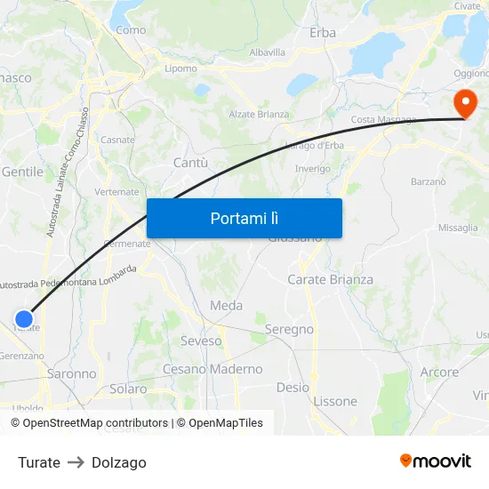 Turate to Dolzago map