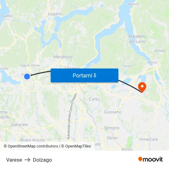 Varese to Dolzago map