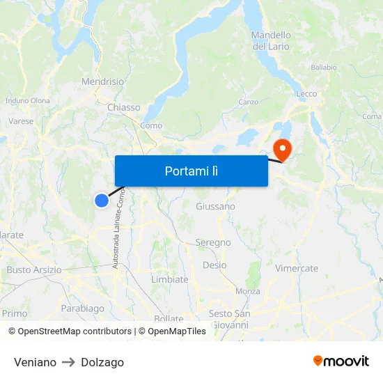 Veniano to Dolzago map