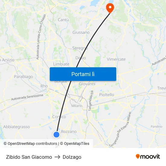 Zibido San Giacomo to Dolzago map