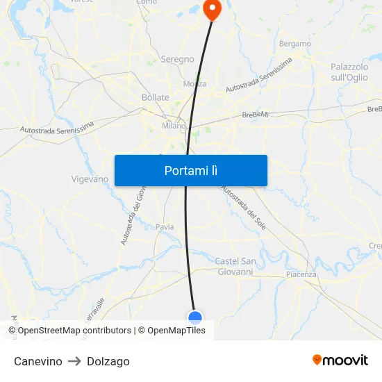 Canevino to Dolzago map