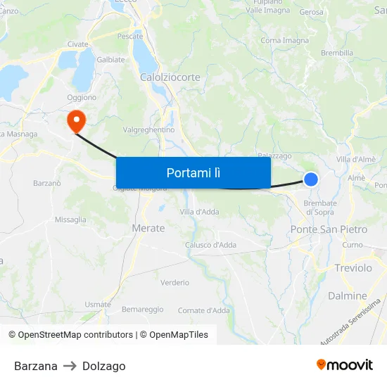 Barzana to Dolzago map
