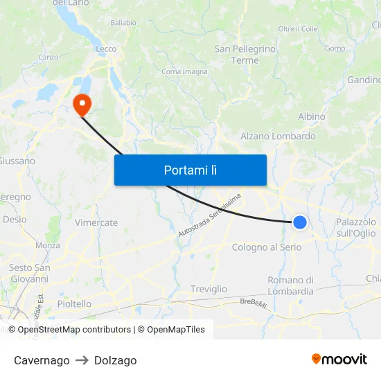 Cavernago to Dolzago map