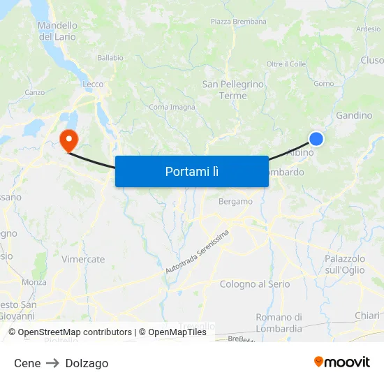 Cene to Dolzago map