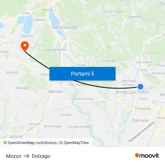Mozzo to Dolzago map