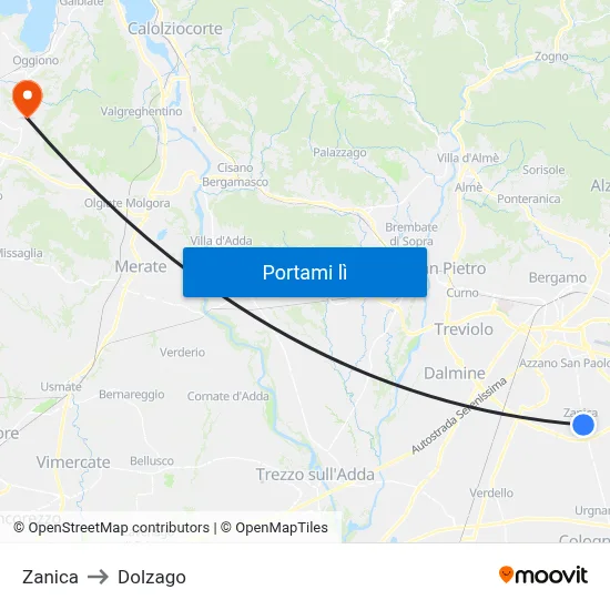 Zanica to Dolzago map