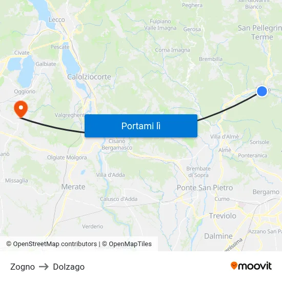 Zogno to Dolzago map