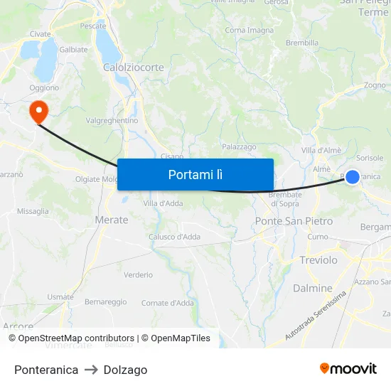 Ponteranica to Dolzago map