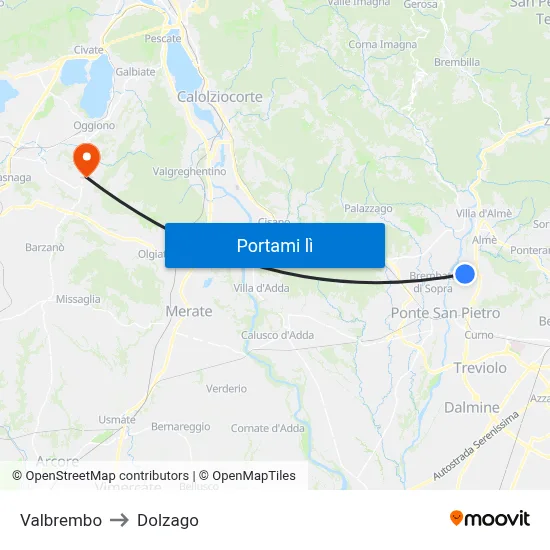 Valbrembo to Dolzago map