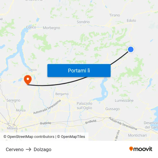 Cerveno to Dolzago map