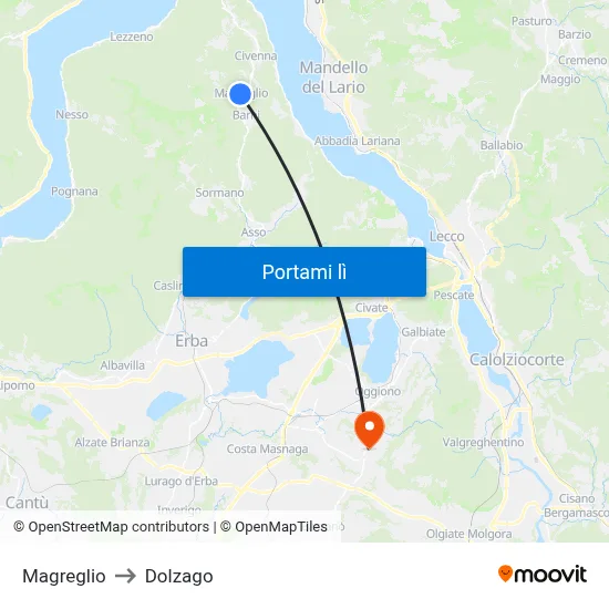 Magreglio to Dolzago map