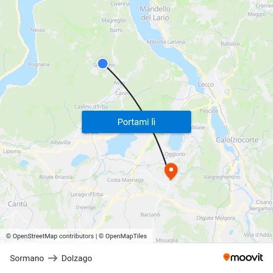 Sormano to Dolzago map