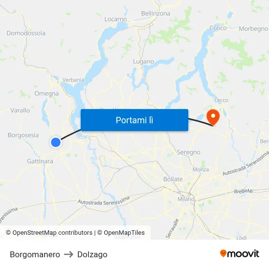 Borgomanero to Dolzago map