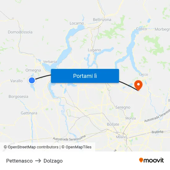 Pettenasco to Dolzago map
