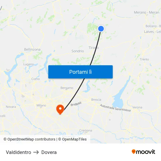 Valdidentro to Dovera map