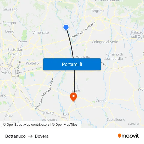 Bottanuco to Dovera map