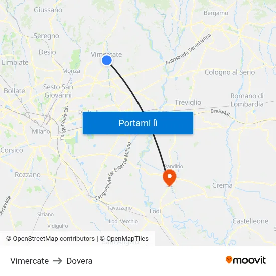 Vimercate to Dovera map