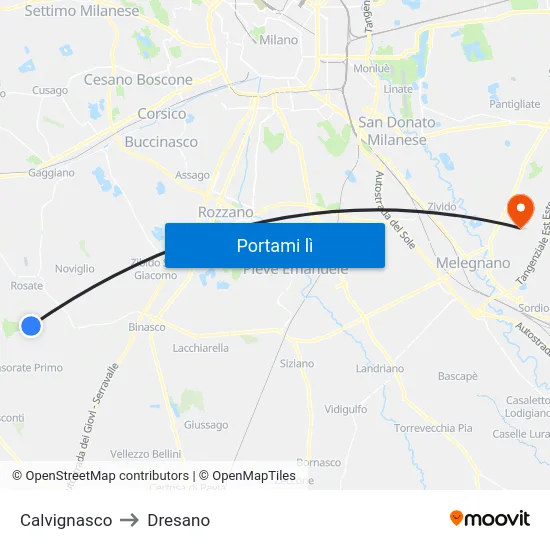 Calvignasco to Dresano map