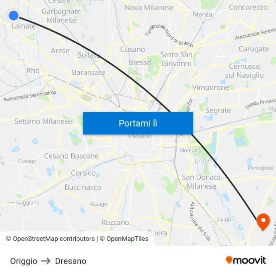 Origgio to Dresano map