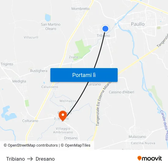 Tribiano to Dresano map