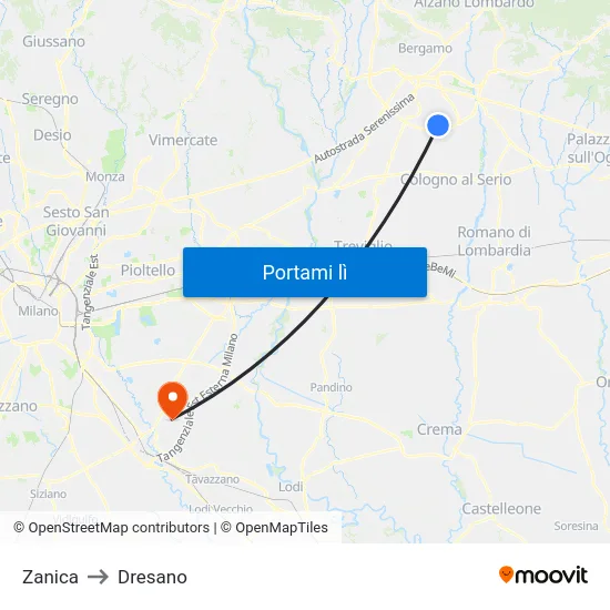 Zanica to Dresano map