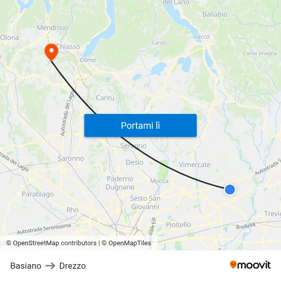 Basiano to Drezzo map