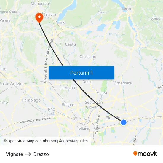 Vignate to Drezzo map