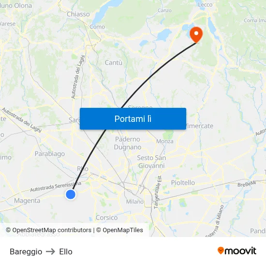 Bareggio to Ello map