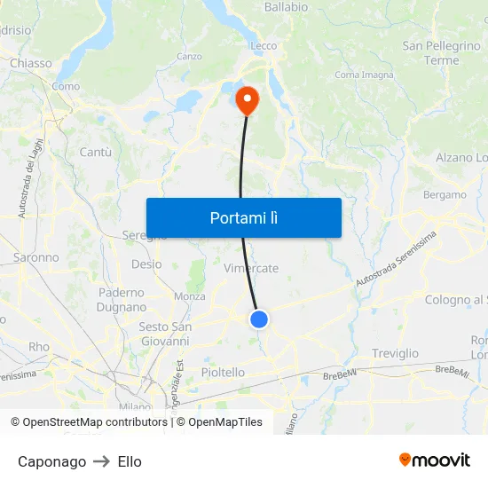 Caponago to Ello map