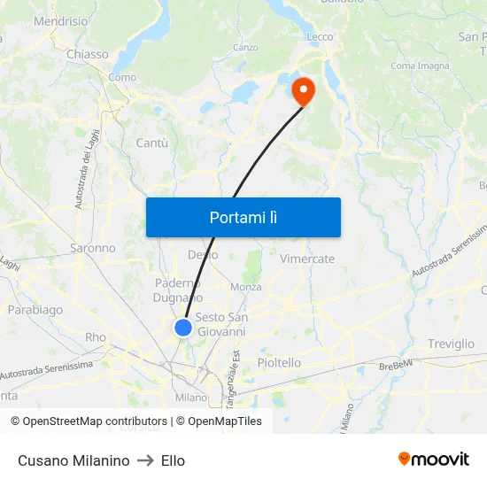 Cusano Milanino to Ello map