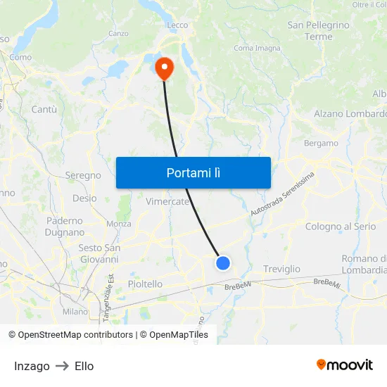 Inzago to Ello map