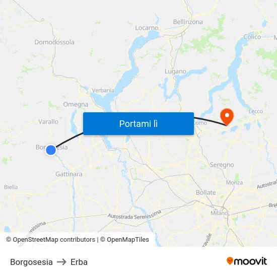 Borgosesia to Erba map