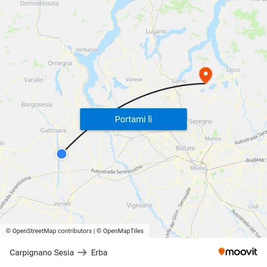 Carpignano Sesia to Erba map