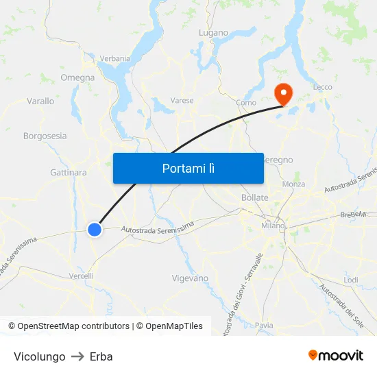 Vicolungo to Erba map