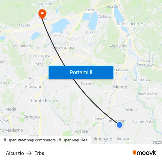 Aicurzio to Erba map