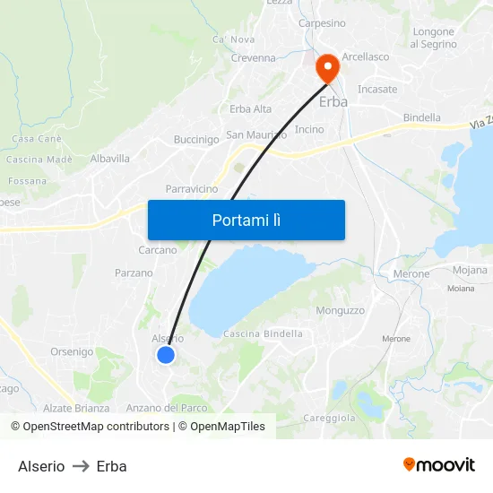 Alserio to Erba map